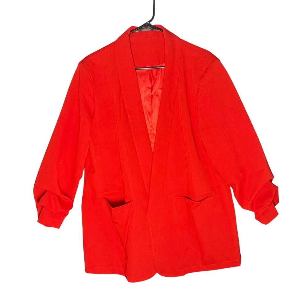 Womans XXL Red Open Front Scrunched Sleeve Blazer Jacket Oversized Office